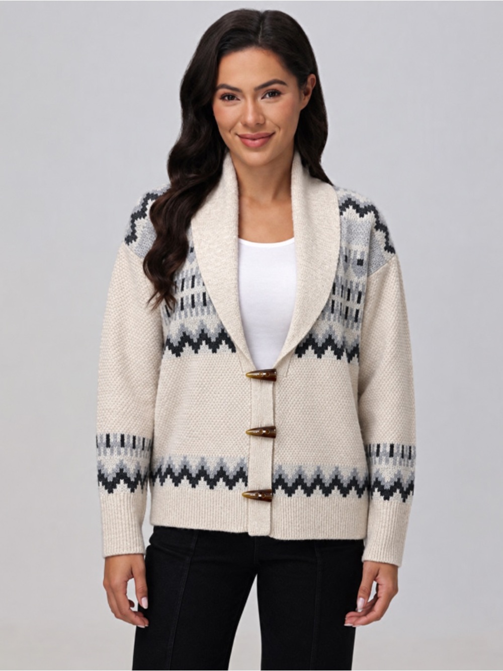 Frye Women Fair Isle Shawl Collar Cardigan Large Classic Nordic Western Casual